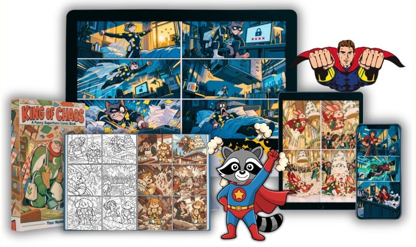 Hero Comic Prompt Studio review product mockup showing superhero comic panels on a monitor, tablet and phone beside the King of Chaos comic book